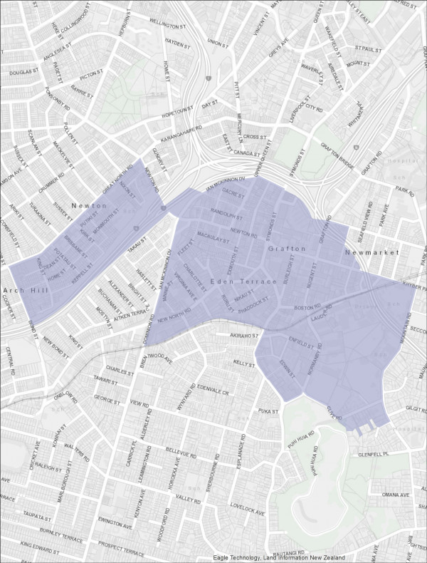A map of Eden Terrace and surrounding suburbs, with the census test area highlighted.