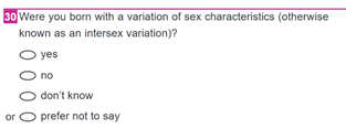 An illustration of a census form question. Question 30, 'Were you born with a variation of sex characteristics (otherwise known as an intersex variation)?' The options listed below are 'yes', 'no', 'don't know', 'prefer not to say'